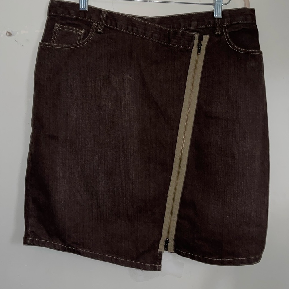 Ashley Stewart Brown Asymmetrical zipper Denim Jeans Skirt